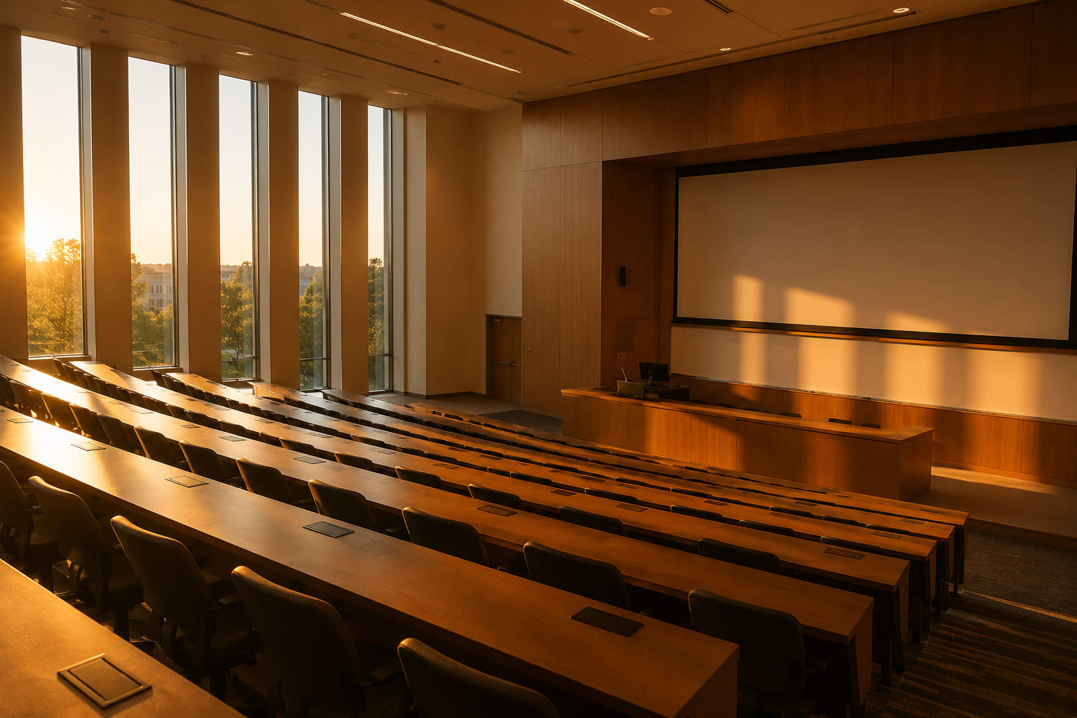 Empty university lecture hall at golden hour