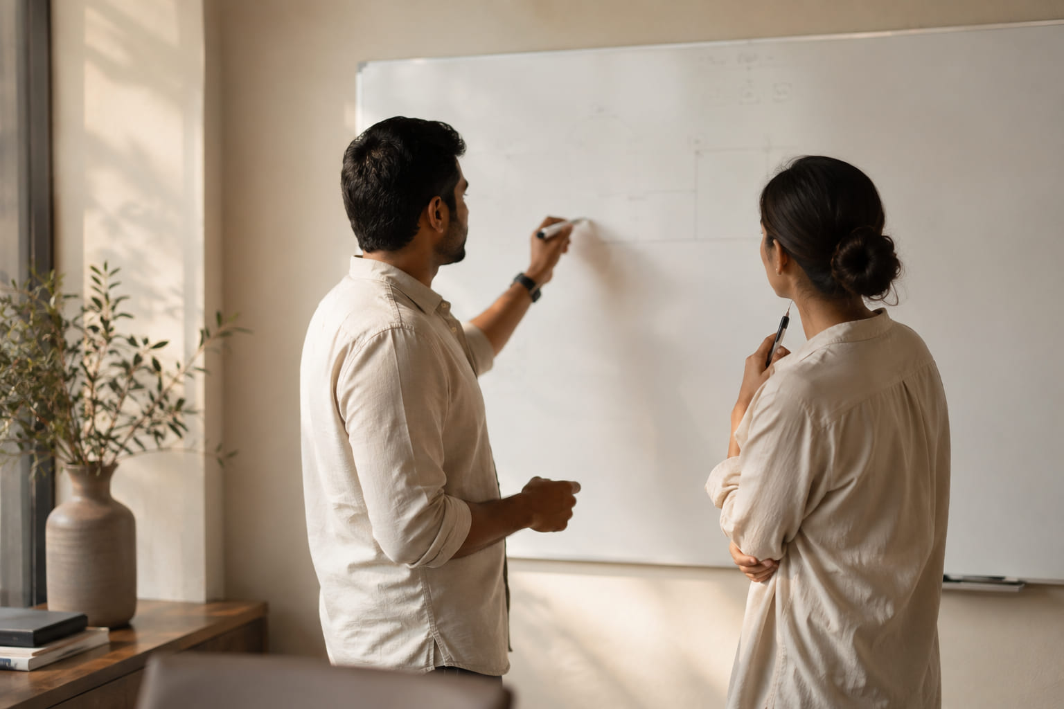 Two colleagues in conversation at a whiteboard