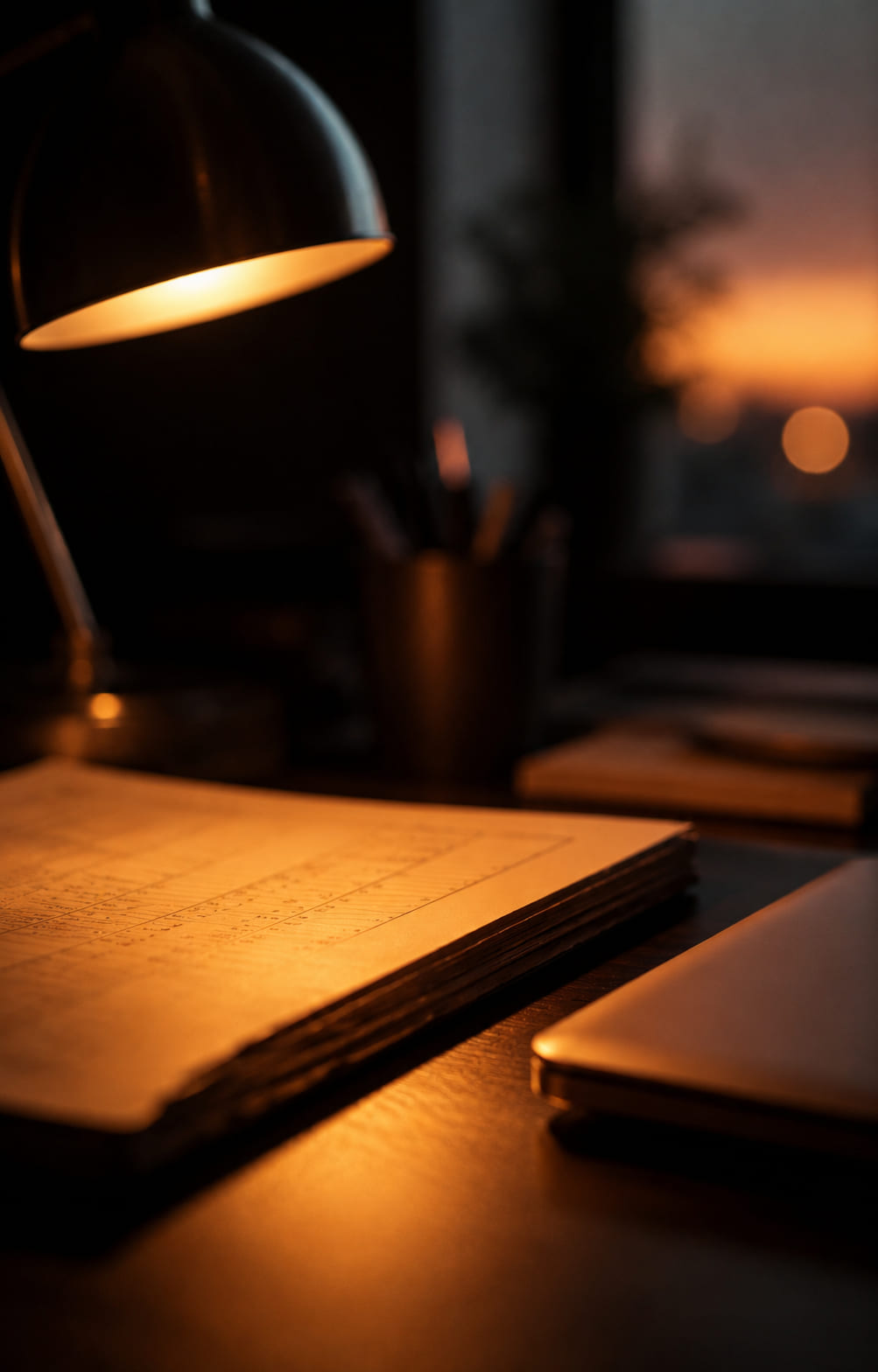Finance workspace at dusk