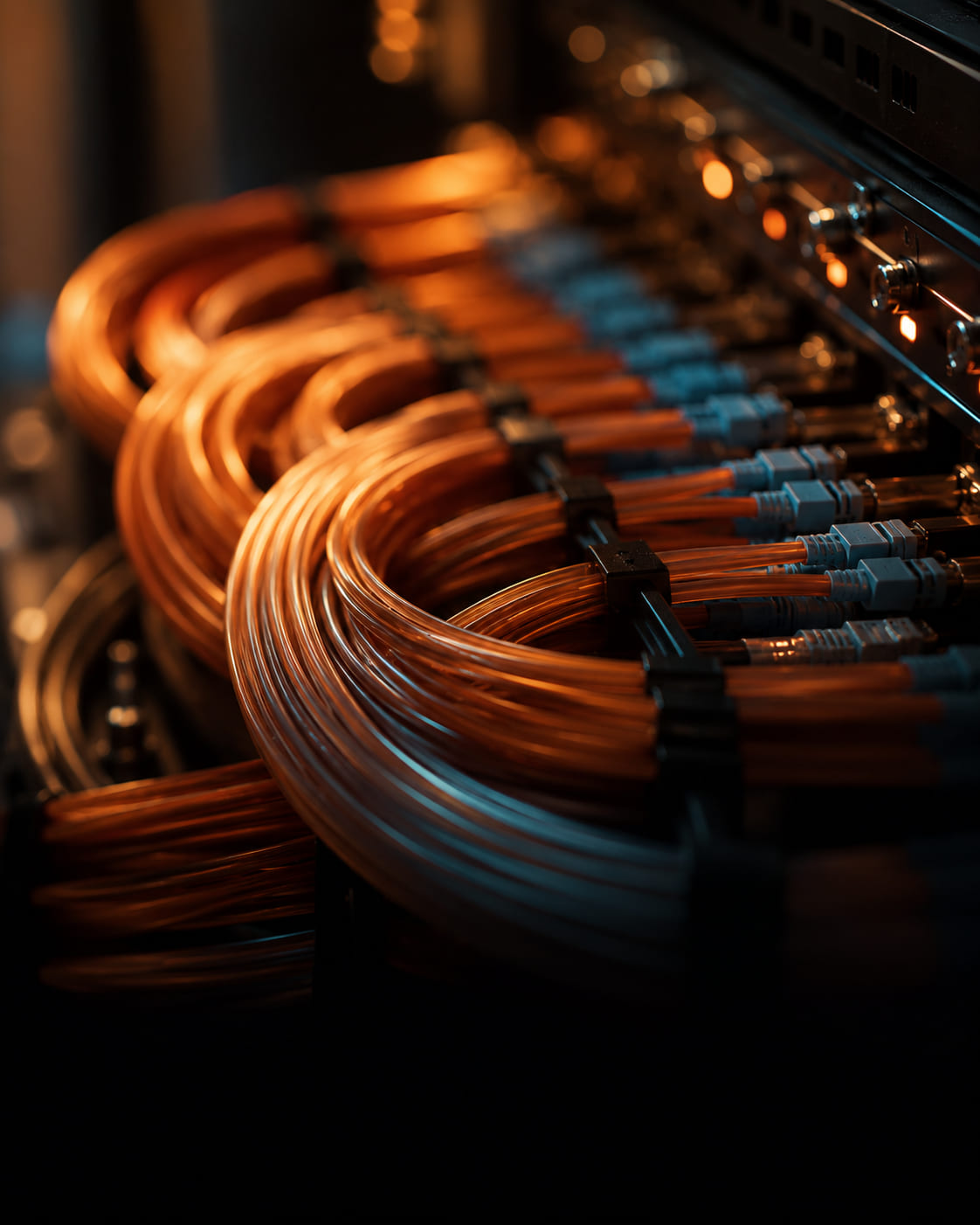 Fibre-optic cabling in a warm-lit server room