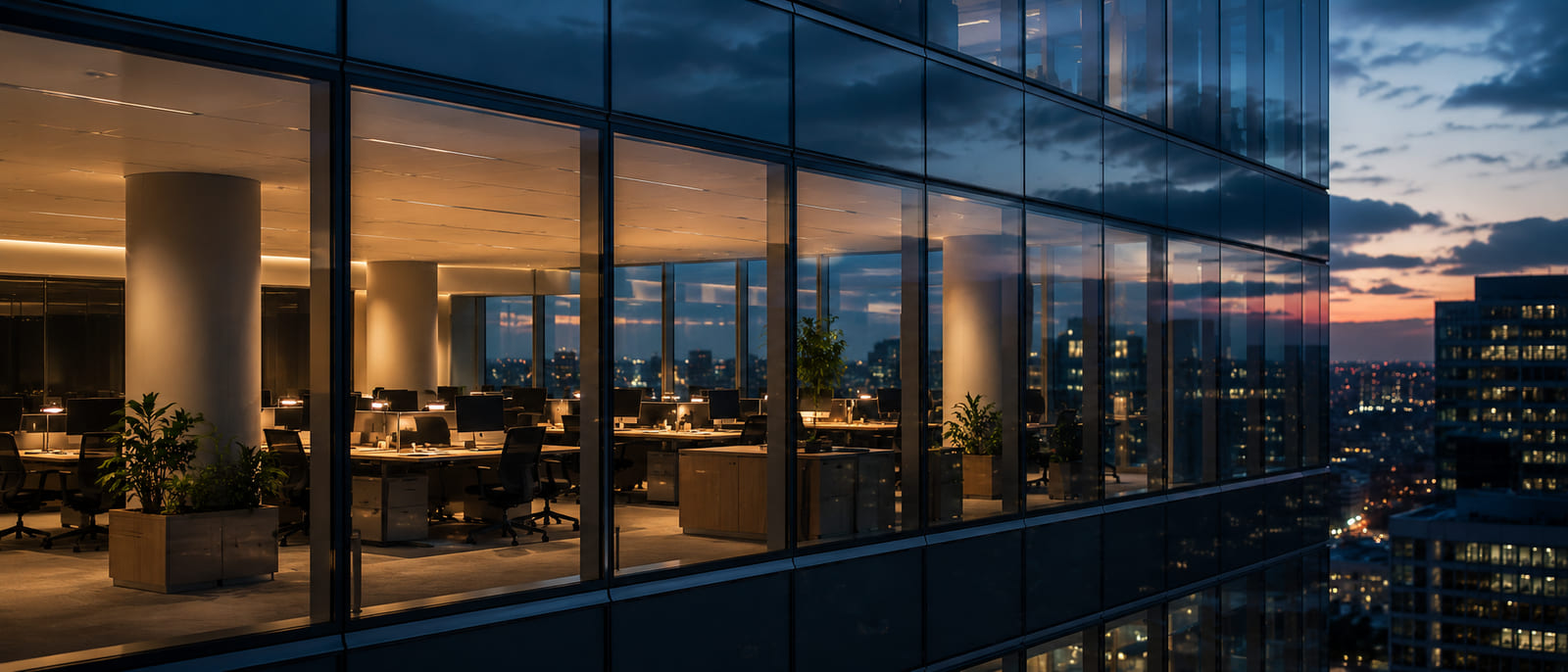 Finance workspace at dusk